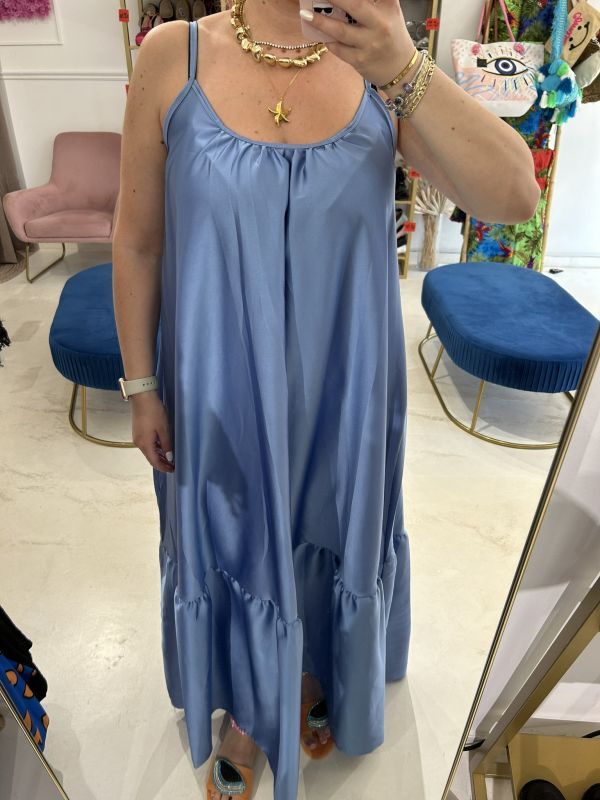 Σατέν μάξι φόρεμα με βολάν μπλε