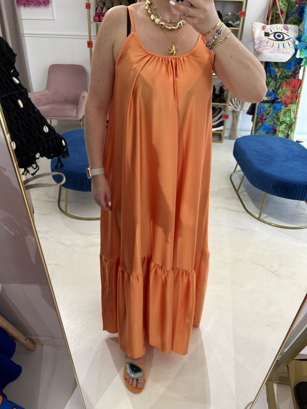 Σατέν μάξι φόρεμα με βολάν πορτοκαλί