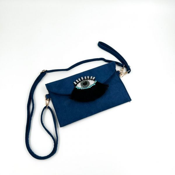 Τσαντάκι φάκελος μπλε σουέτ με σχέδιο μάτι με στρας	